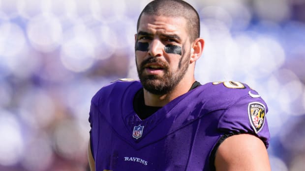 Nov 12, 2023; Baltimore, Maryland, USA; Baltimore Ravens tight end Mark Andrews (89) looks on before a game against the Cleveland Browns at M&T Bank Stadium. Mandatory Credit: Jessica Rapfogel-USA TODAY Sports  